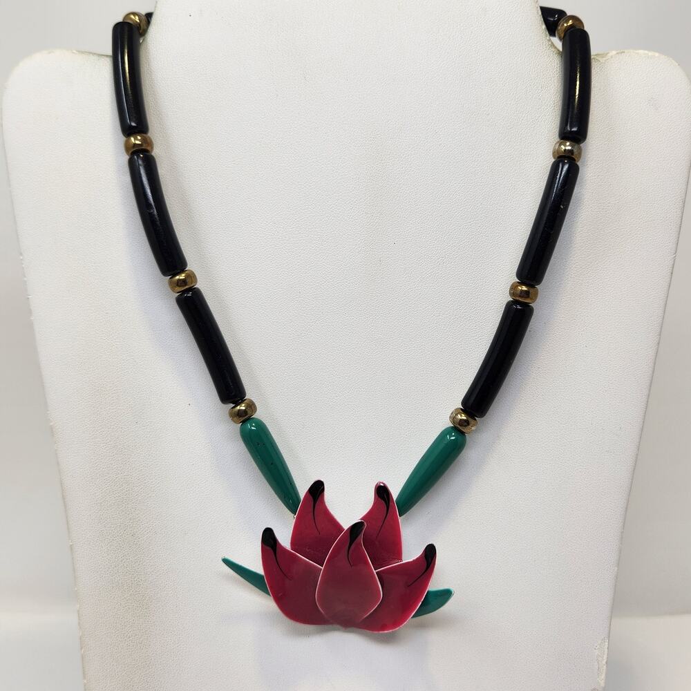 Lotus Flower Enamel Metal Pendant Tube Beaded Necklace Vintage Floral Retro
